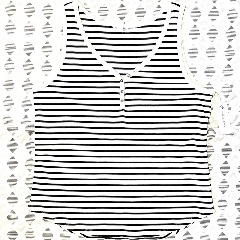 NWT Tribal Henley Tank Top - V-Neck White and Black Stripes - Size XL